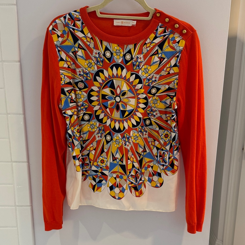 Tory Burch Red and Multicolor Geometric Long Sleeve Top